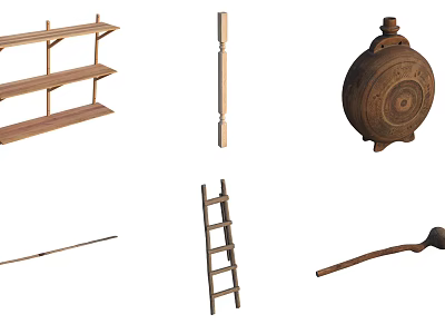 Stone and Wood Handmade Craft Pieces Including Shelf Post Container Ladder Spoon and Stick 3d model