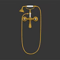 Golden Vintage Bathroom Faucet With Handheld Shower And White Handles Curved Hose Polished Finish