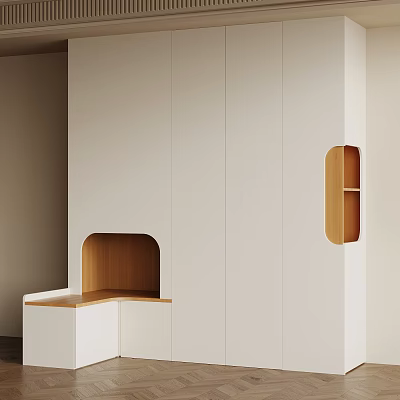 Modern White Wardrobe Design With Wooden Elements And Open Shelves 3d model