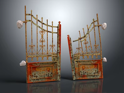 Vintage Wrought Iron Gates Featuring Rustic Ornate Patterns And Weathered Panel Sections 3d model