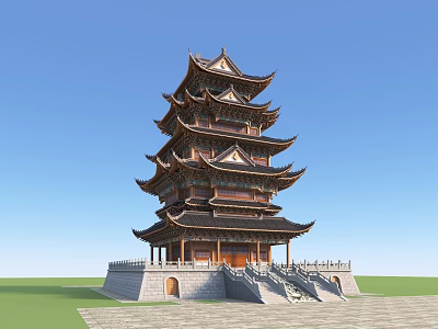 Traditional Chinese Ancient Pagoda With Multi Tiered Structure Stone Base And Overhanging Eaves 3d model