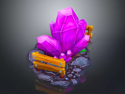 Vibrant Purple Crystal Cluster With Orange Wooden Fences Gray Stone Ground And Green Plants 3d model