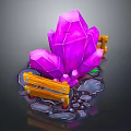 Vibrant Purple Crystal Cluster With Orange Wooden Fences Gray Stone Ground And Green Plants
