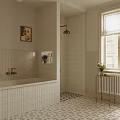Cozy Bathroom Interior With Wooden Seat Toilet Double Sink Vanity And Framed Artworks