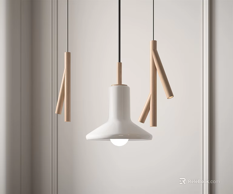 Minimalist Modern Pendant Light With White Body And Wooden Accents Hanging In Interior Space 3d model 