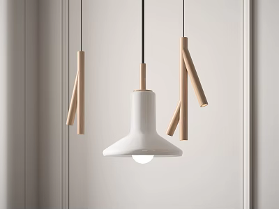Minimalist Modern Pendant Light With White Body And Wooden Accents Hanging In Interior Space 3d model