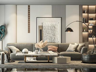Modern Grey Sofa and Coffee Table Set with Pillows Decorative Painting and Floor Lamp 3d model