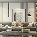 Modern Grey Sofa and Coffee Table Set with Pillows Decorative Painting and Floor Lamp