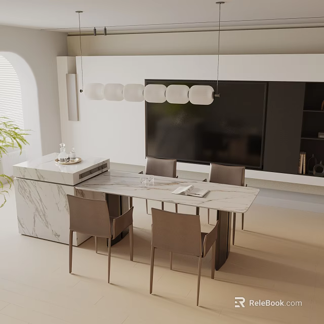 Modern Dining Table Set With Marble Top And Four Gray Chairs In Open Living Space 3d model 