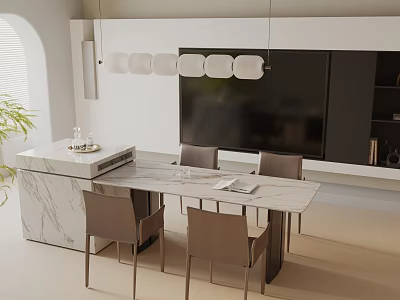 Modern Dining Table Set With Marble Top And Four Gray Chairs In Open Living Space 3d model