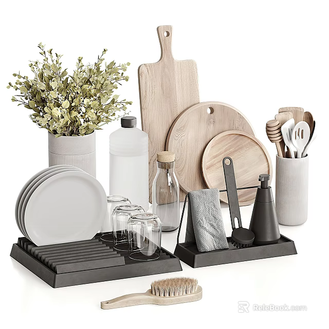 Stylish Tableware Set With Plates Glasses Chopping Boards Utensils And Drying Rack 3d model 
