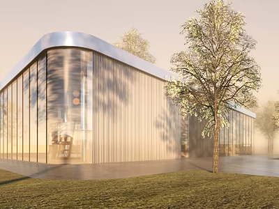 Modern Sales Office Building with Glass Curtain Wall Metal Exterior Surrounded by Trees And Grass 3d model
