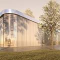 Modern Sales Office Building with Glass Curtain Wall Metal Exterior Surrounded by Trees And Grass