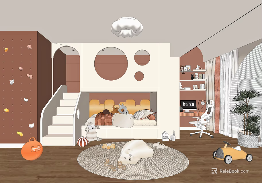 Playful Kids Room Interior With Bunk Bed Staircase Circular Wall Decor Stuffed Toys And Rug 3d model 