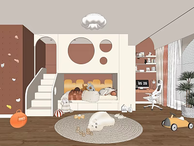 Playful Kids Room Interior With Bunk Bed Staircase Circular Wall Decor Stuffed Toys And Rug 3d model