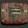 Traditional Cylindrical Stool With Red Black Intricate Patterns And Ornate Decorative Designs