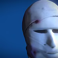 Game Movie Character With White Bandaged Mask And Bloodstains Against Blue Background