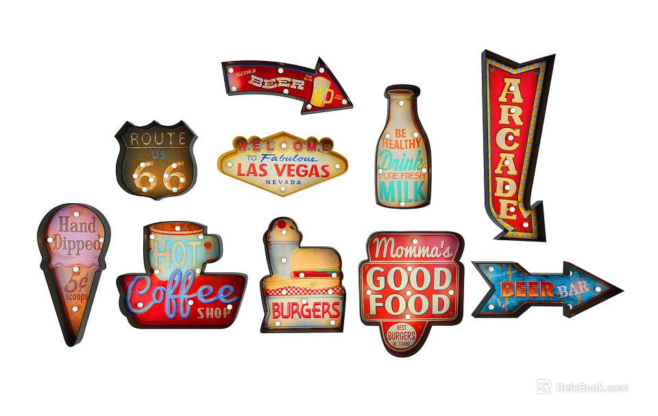 Vintage Wall Decor Featuring Retro Signs and Food Themed Artworks 3d model 