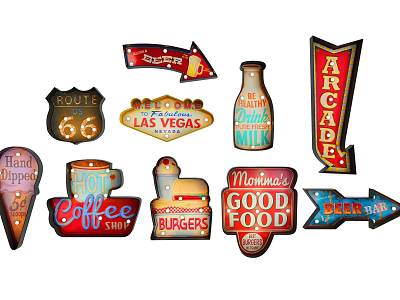 Vintage Wall Decor Featuring Retro Signs and Food Themed Artworks 3d model