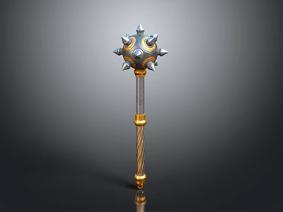 Ornate Spiked Mace Weapon With Blue Accents Gold Trim And Twisted Silver Handle 3d model