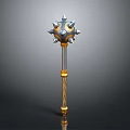 Ornate Spiked Mace Weapon With Blue Accents Gold Trim And Twisted Silver Handle