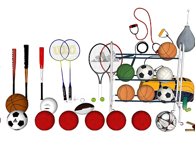 Sports Equipment Collection with Badminton Tennis Rackets Basketballs Footballs Volleyballs and Training Gear 3d model