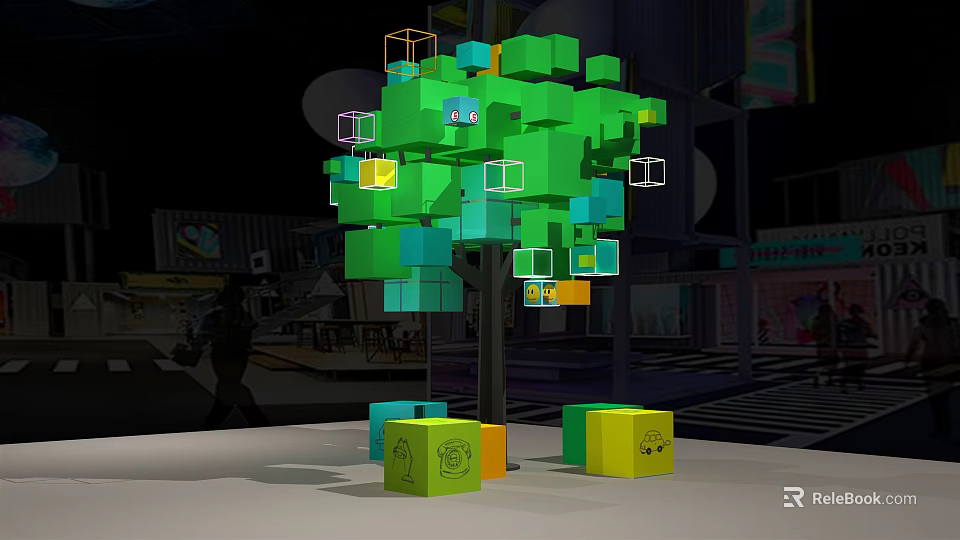 Green Cube Tree Structure With Multiple Cubes And Colored Bases In Night Urban Scene 3d model 