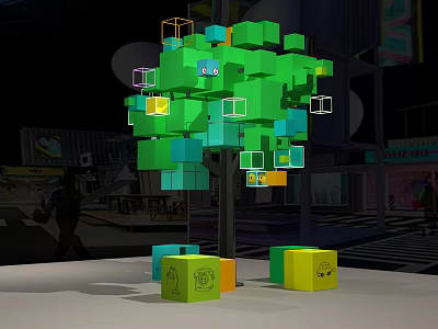 Green Cube Tree Structure With Multiple Cubes And Colored Bases In Night Urban Scene 3d model