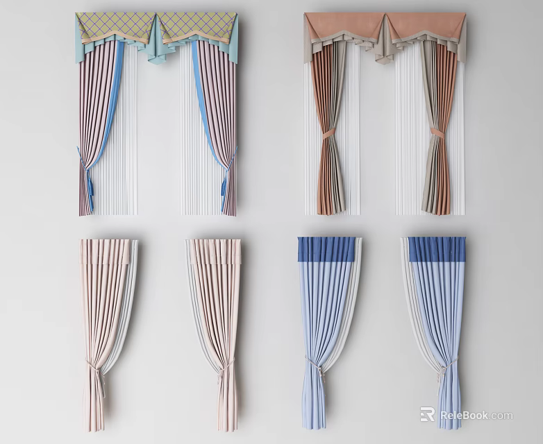Colorful Striped Curtains With Valance And Drapery For Home Interior Design 3d model 