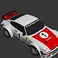 Vintage Porsche Race Car with White Body Red Hood Number 1 and Sponsor Logos