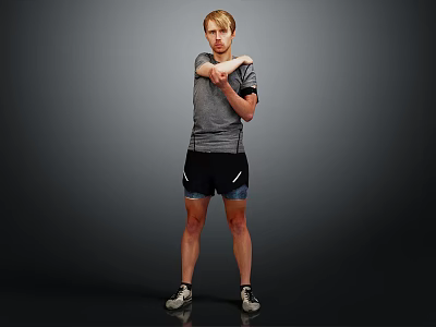 A Man In Gray Short Sleeve Shirt And Black Shorts Stretching Arms On Dark Background 3d model