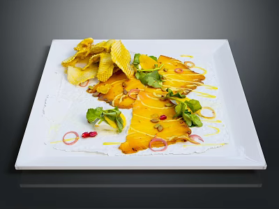 Delicious Yellow Main Dish With Green Vegetables Crispy Chips And Red Garnish On White Plate 3d model