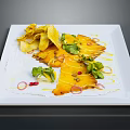 Delicious Yellow Main Dish With Green Vegetables Crispy Chips And Red Garnish On White Plate