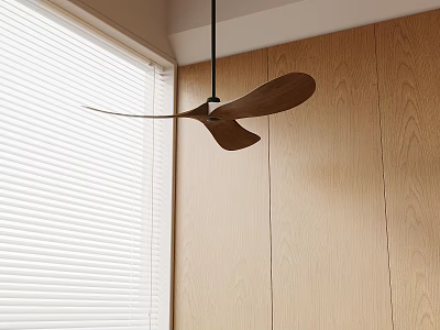 Wooden Ceiling Fan Hanging In Corner With Wooden Wall And White Blinds 3d model