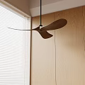 Wooden Ceiling Fan Hanging In Corner With Wooden Wall And White Blinds