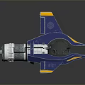 Blue And Yellow 3D Mechanical Model With Conical Front Silver Cylinder Black Sphere And Wing Like Structures