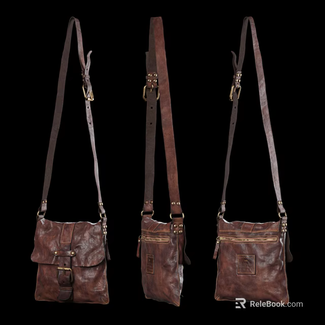 Brown Leather Crossbody Bags With Long Shoulder Straps Metal Buckles And Various Pocket Designs 3d model 