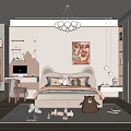 Cozy Kids Bedroom With Eared Headboard Stuffed Toys Decorative Painting Chandelier Desk And Rug