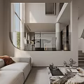 Modern Living Dining Room Interior With Sofa Coffee Table TV Staircase And Large Windows