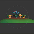 Vibrant Garden Plants With Red Blue Flowers Yellow Mushrooms And Green Leaves