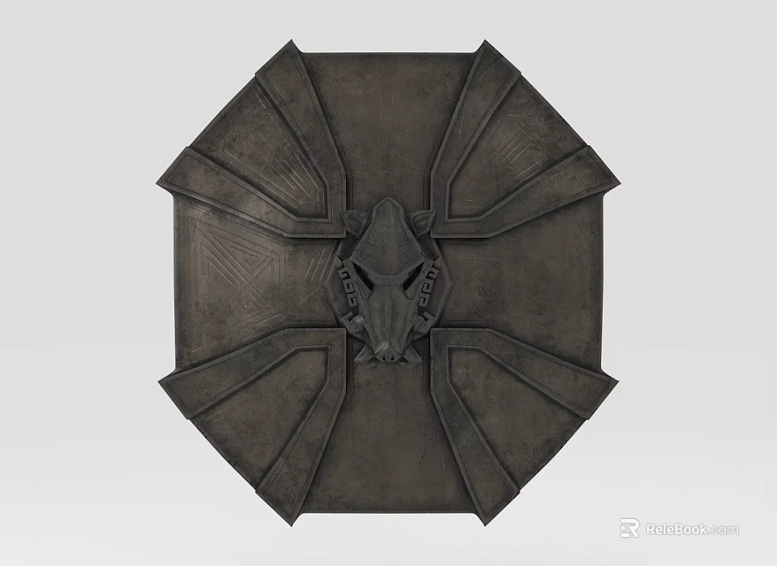 Dark Textured Shield Like Decorative Ornament With Wolf Skull Design 3d model