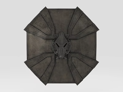 Dark Textured Shield Like Decorative Ornament With Wolf Skull Design 3d model