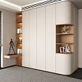 Modern Minimalist Light Beige Wardrobe With Wooden Display Shelves And Storage Design