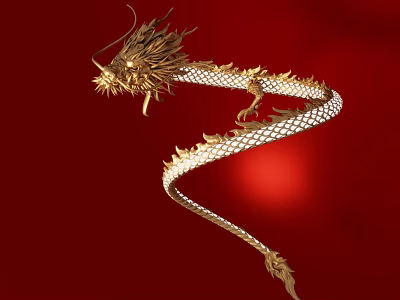 Beautiful Golden Reptile With Long Winding Scaled Body On Red Background 3d model