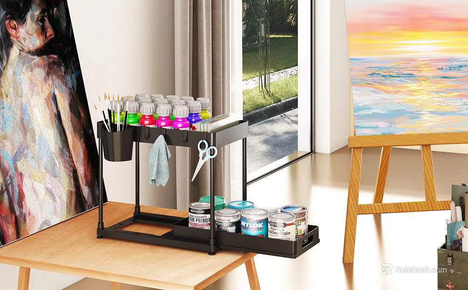 Black Storage Rack For Organizing Art Supplies Paint Cans Brushes And Scissors In Studio 3d model 