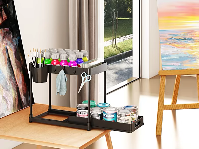Black Storage Rack For Organizing Art Supplies Paint Cans Brushes And Scissors In Studio 3d model