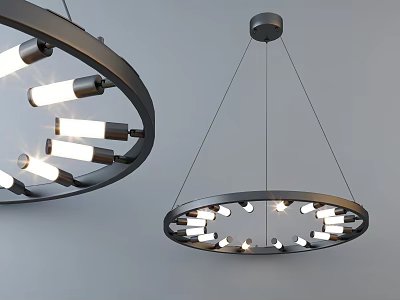 Modern Circular Chandelier with Black Frame and Multiple Hanging Bulbs 3d model