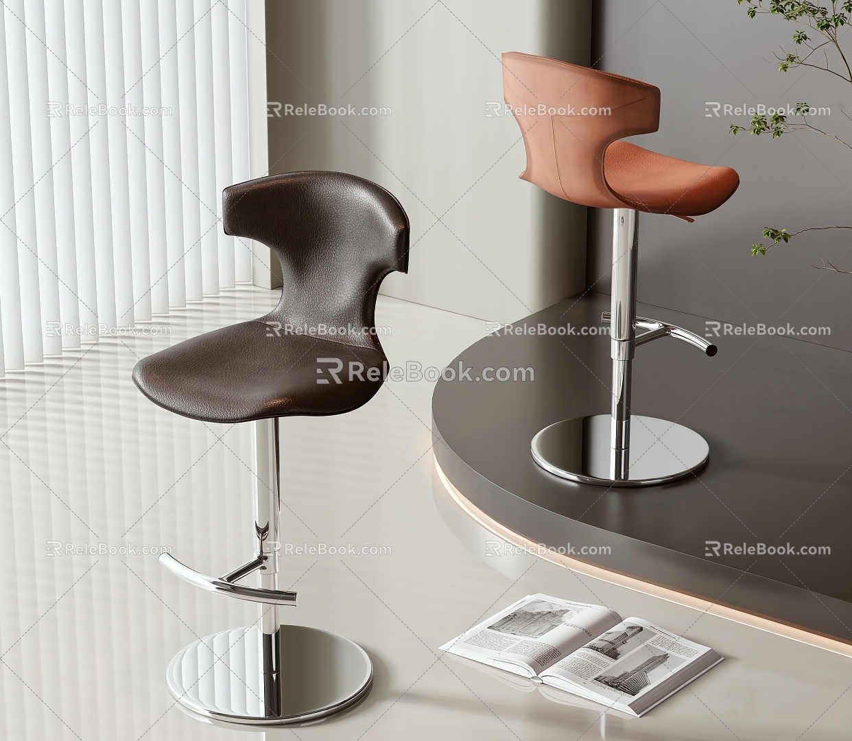 Bar Chair Potted Books Leather Stainless Steel model