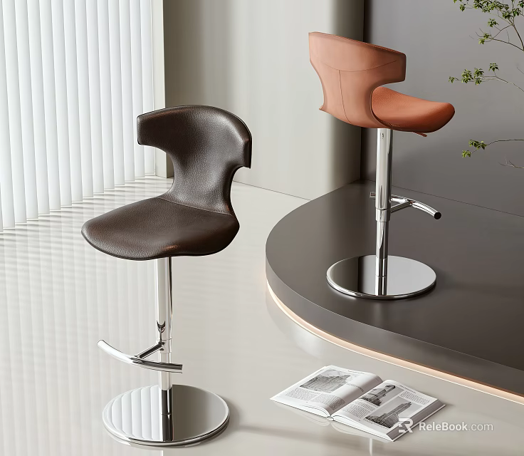 Brown And Orange Leather Bar Stools With Metal Bases In Modern Countertop Interior 3d model 