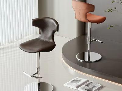 Brown And Orange Leather Bar Stools With Metal Bases In Modern Countertop Interior 3d model